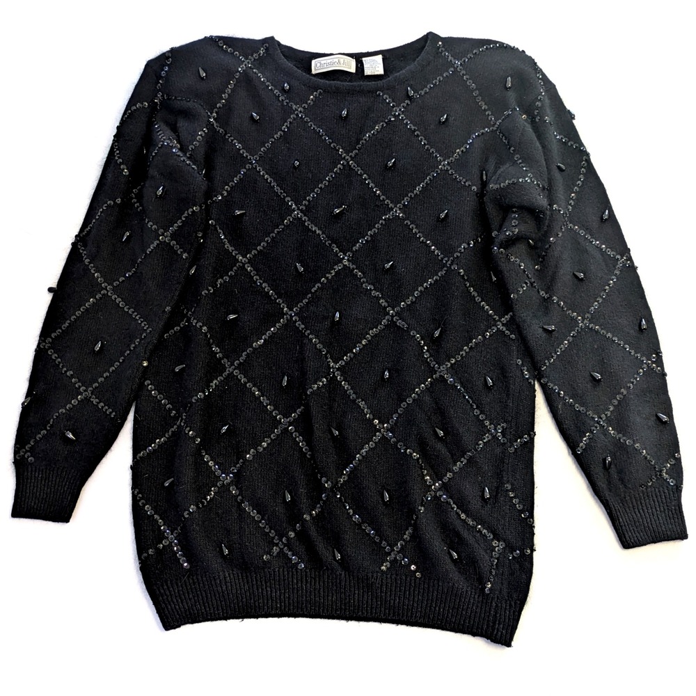 Vintage Christie & Jill Black Silk Angora Beaded Sequin Diamond Sweater Medium